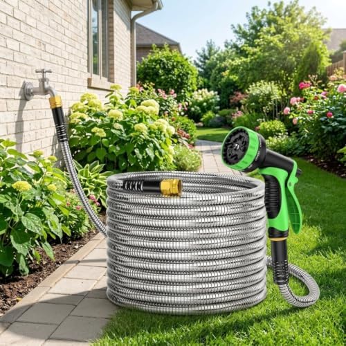 100FT 304 Stainless Steel Garden Hose with 10-Pattern Spray Nozzle (Orange) - Image 3