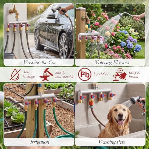 Gerrii 2 Pack 4 Way Hose Splitter Heavy Duty Solid Brass Manifold Hose Faucet T Tap Connection with Individual On/Off Valve, 3/4" GHT Spigot Adapter, Garden Outdoor Pipe Tap Splitter - Image 7