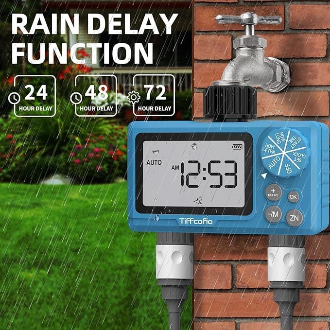 TiFFCOFiO Sprinkler Timer Outdoor, Digital Programmable for Garden Hose, Irrigrtion Timer with Rain Delay and Manual Mode (2 Outlets, 2 Packs) - Image 4