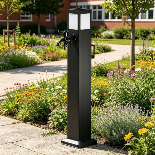 Solar Light Garden Water Column, Stainless Steel Hose Stand with Double Faucets, Outdoor Vertical Antifreeze Garden Watering Post, Outdoor Water Dispenser(16 * 80cm) by Unknown