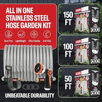 Best 150 ft Metal Garden Hose Set - No-Kink Durable 316 Stainless Steel, 10-Way Zync Spray Nozzle & Hook – Tough Flexible Heavy Duty Water Hoses, 5/8 in, Rust, Weather, LeakProof - Image 2