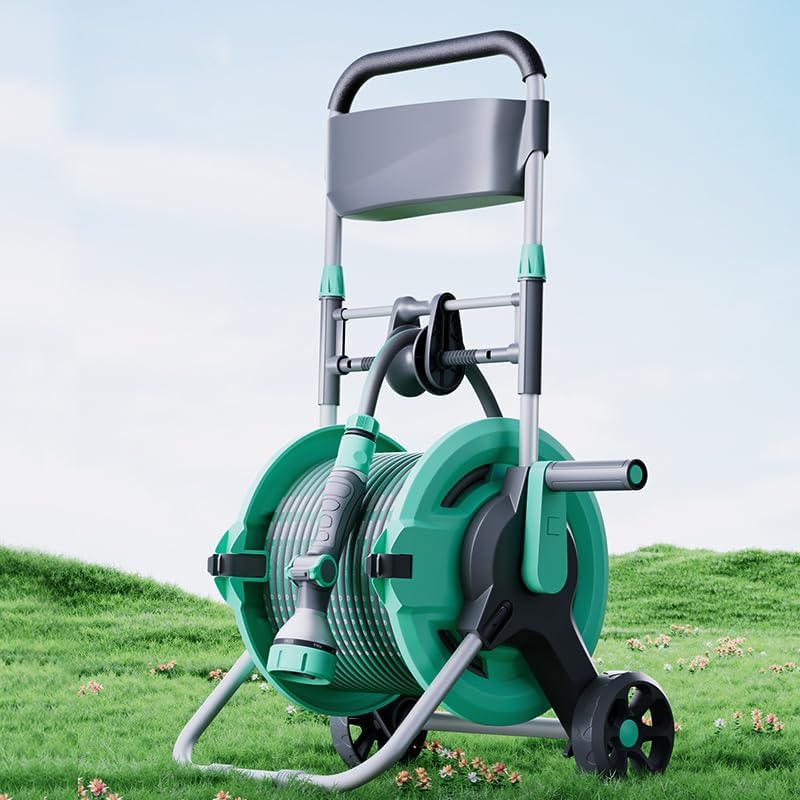 Garden Hose Reel Cart with Wheels,Holds up to 65-164ft of 1/2" Hose, Heavy Duty Retractable Resin Water Hose Storage, Portable Mobile Cart with Telescopic Handle for Outdoor Yard, Garden, Patio (25 m) by HOME