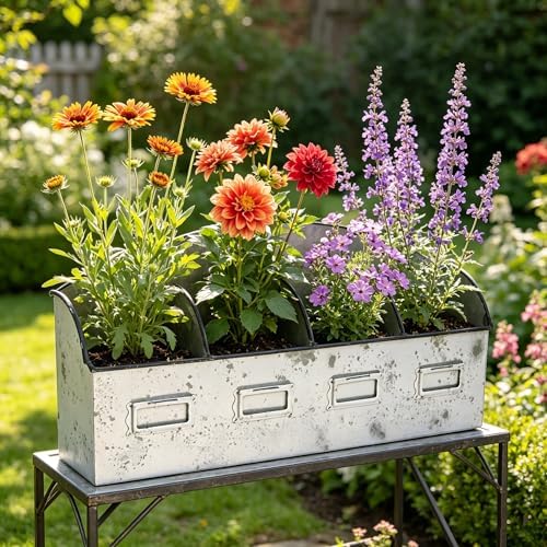 Rustic 4-Compartment Metal Planter Box, Distressed Galvanized Farmhouse Planter for Indoor Outdoor Herbs Succulents Flowers, Vintage Decorative Plant Pot for Home Patio Garden Decor by Unknown