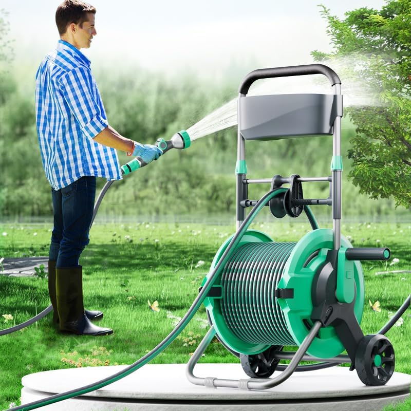 Garden Hose Reel Cart with Wheels,Holds up to 65-164ft of 1/2" Hose, Heavy Duty Retractable Resin Water Hose Storage, Portable Mobile Cart with Telescopic Handle for Outdoor Yard, Garden, Patio (20 m) - Image 2