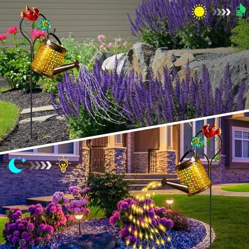 Solar Lights Outdoor, Watering Can with Cascading Lights, Watering Can with Hook Solar Lantern, Gardening Decor for Yard Patio, Gardening Gifts for Mom Grandma Women (2 Pack) - Image 5