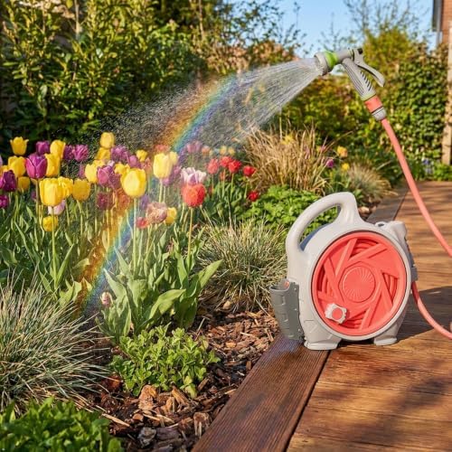 mini portable garden pipe cart, adjustable spray gun with 6 different gears, suitable for various faucets, portable water pipe truck can be used for car washing, watering plants (Pink) - Image 5