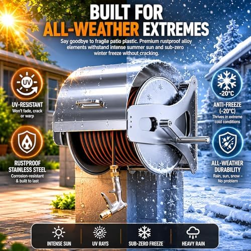 Heavy Duty Stainless Steel Hose Reel for Outside, Wall & Floor Mounted Metal Garden Water Pipe Cart with Multi-Pattern Spray Gun Nozzle, Max Capacity 165FT/50M(10M/33FT) - Image 4