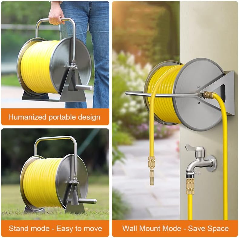 Wall/Floor Mount Hose Reel 1/2 Inch Garden Hose, Hose Butler Stainless Steel Water Hose Rack with spray gun and accessories, Portable Hose Stand Patio Hose Hanger, Hose Holder Storage Swivel Bracket - Image 3