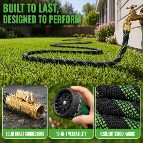 100 FT Garden Hose - Heavy Duty Non-Expandable Water Hose with 10-Function Nozzle, Kink-Free & Leak-Proof Flexible Yard Hose for Lawn and Car Washing（100FT) - Image 4