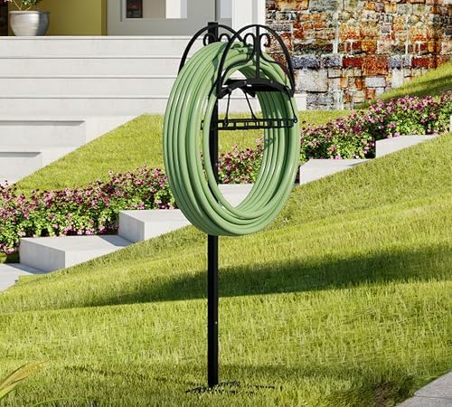 Freestanding Garden Hose Organizer with Storage Basket - Heavy-Duty Black Powder-Coated Hose Stand, Detachable Design Holds 150FT Hose, Includes Wrench & Screwdriver for Easy Assembly - Image 2