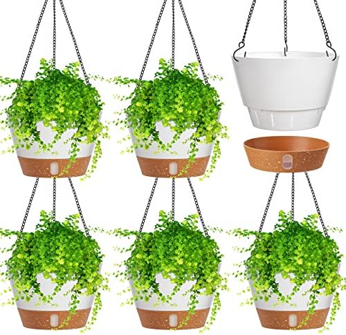 Amyhill 6 Pcs 8 Inch Hanging Planter for Indoor Plants Self Watering Hanging Pot Baskets with Drainage Hole Visible Water Level Tray with Hooks for Garden Outdoor(White) by Amyhill