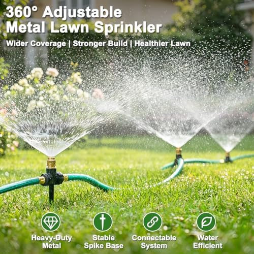 FANHAO 3-Pack Heavy-Duty Metal Lawn Sprinkler with Spike Base, 360° Adjustable Garden Water Sprinkler for Lawn Irrigation System, Large Area Coverage for Yard, Patio, Grass & Backyard - Image 2