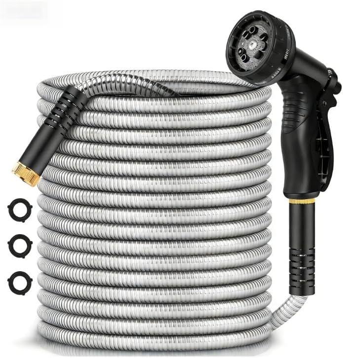 Garden Hose Metal 100FT, Stainless Steel Heavy Duty Water Hose With 10 Function Nozzle, No-Kink, Tough & Flexible, Sturdy and Lightweight, Rust Proof for Yard, Outdoor, RV by BAZOLOTA