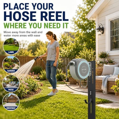 Retractable Garden Hose Reel Mounting Post with Adjustable Removable Hook - Image 3