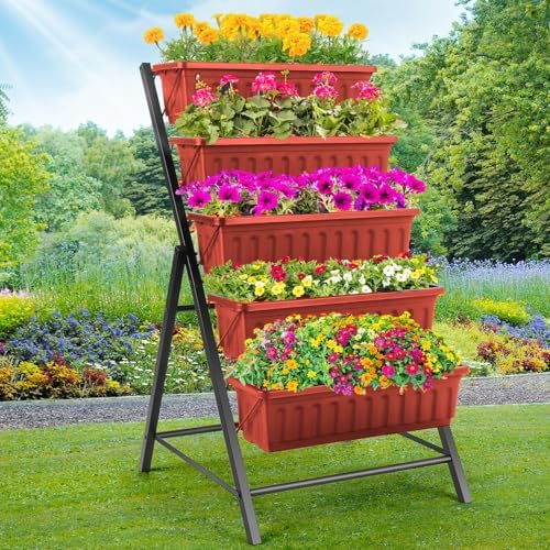 Homdox 5-Tier Elevated Garden Bed- Freestanding Vertical Raised Bed for Gardening, 5 Garden Planter Boxes and 5 Hooks, Perfect to Grow Vegetables Herbs Flowers Indoor(Brick Red) by HOMDOX