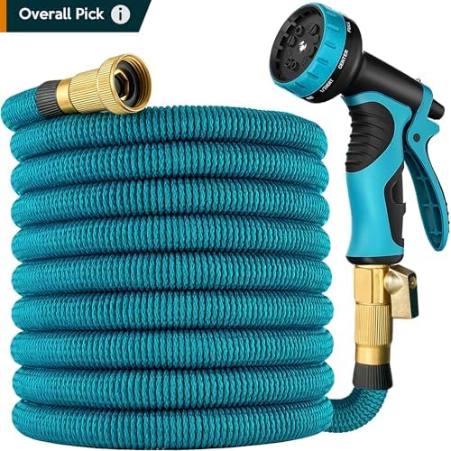 Expandable Garden Hose 100 ft with 10 Function Nozzle Sprayer, Lightweight Flexible Water Hose with Durable Collapsible Latex Core & Solid Brass Fittings, 100ft Retractable Stretch Hose, Blue by Unknown
