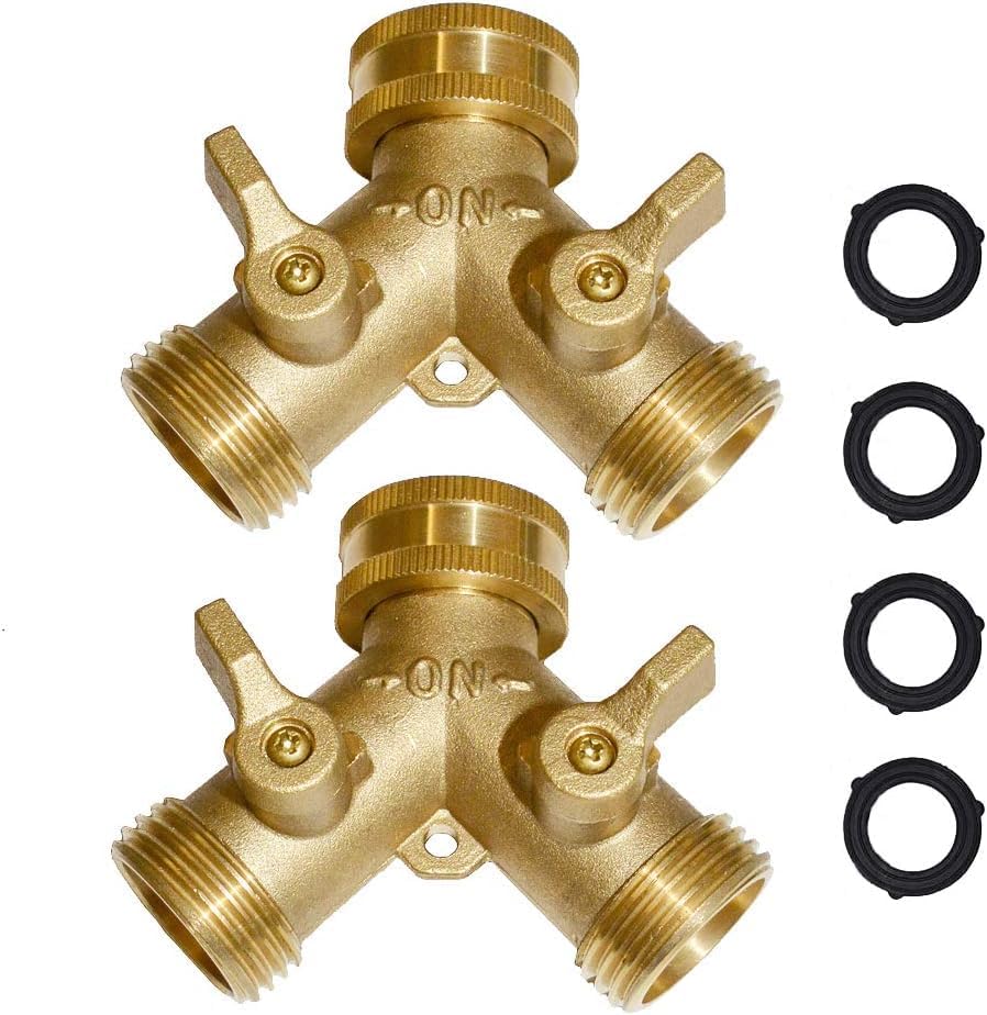 2 Pcs Heavy-Duty Brass Hose Splitter - 2-Way Y-Diverter Valve with Long Grips - Solid Brass Outdoor Water Distribution Hardware for Garden and Lawn by Unknown