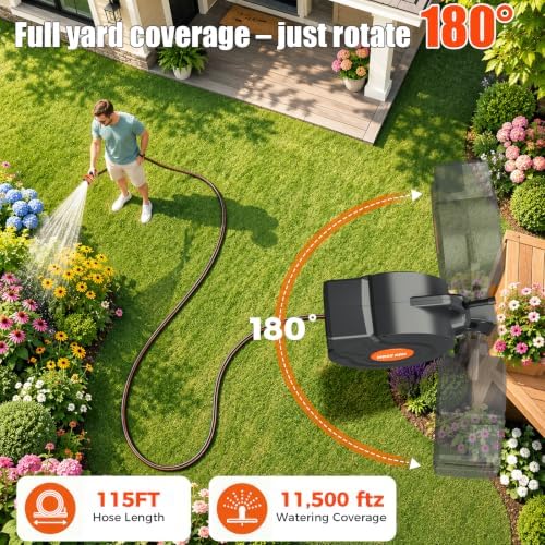 115FT Retractable Garden Hose Reel 5/8 Inch - Heavy Duty Wall Mounted Retractable Hose Reel with 9-Pattern Nozzle, 180° Swivel Auto Rewind, Any Length Lock Water Hose Reel for Yard Garden Car Washing - Image 2