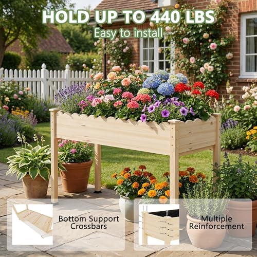 Raised Garden Bed with Legs, 48x24x30in Tall Wooden Elevated Planter Box with Liner for Flowers Vegetables Herbs, Wavy Profile Outdoor Raised Bed for Balcony/Patio/Backyard - Image 5