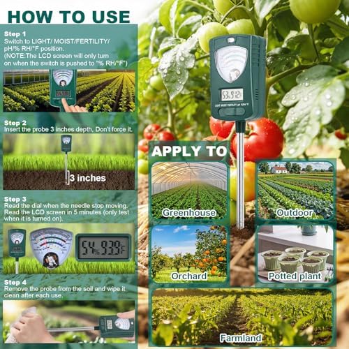7-in-1 Soil Tester for Soil Moisture pH Fertility Light Intensity, Soil Temp, Air Temp & Humidity, with Pointer and LCD Display.for Garden, Farm, Lawn, Indoor/Outdoor Plant Monitoring. - Image 4