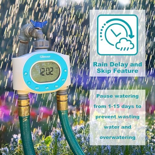 Gilmour Dual Outlet Water Timer for Garden Hose, Programmable Automatic Watering System, LCD Screen, Rain Delay, Battery Operated - Image 3