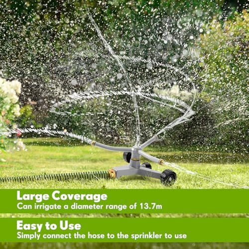 2 Pcs Metal Rotary Lawn Sprinkler 3 Arm Heavy Duty 360 Degree Automatic Revolving Whirling Water Sprinkler with Wheeled Base for Lawn Yard Garden Backyard, Cover up to 538 sq ft (Grey) - Image 6