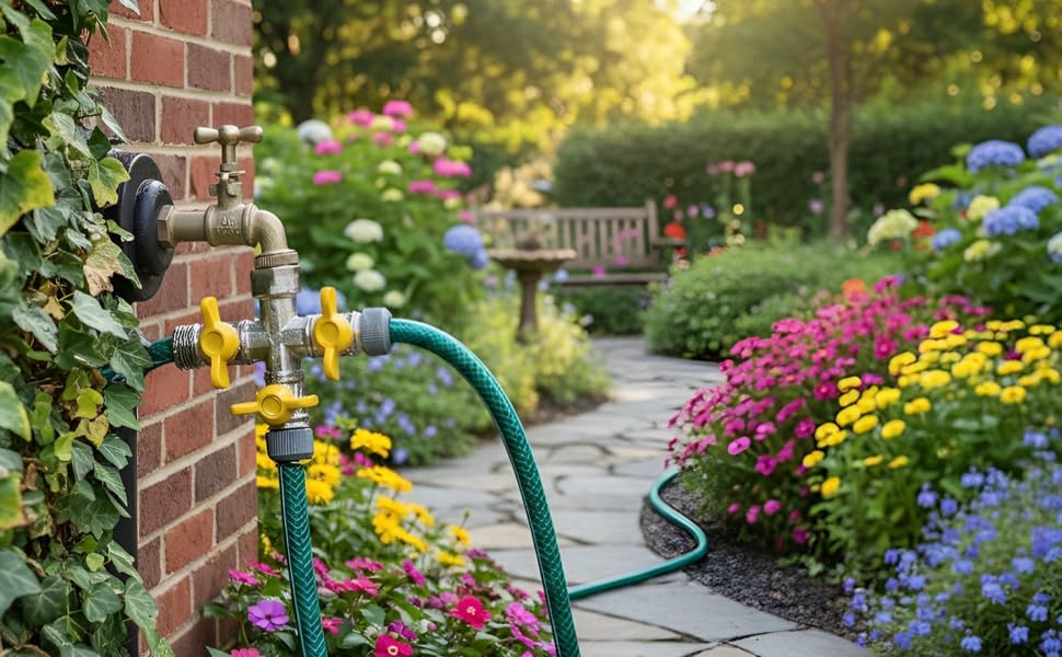 Cross Brass Garden Hose Splitter, Heavy-Duty 4-Way Manifold with Shut-Off Valves, Nickel Plated Finish, Full Port Design, 4-Port Water, Air, Oil Distributor, 3.5 x 3.9 in / 9 x 9.9 cm - Image 5