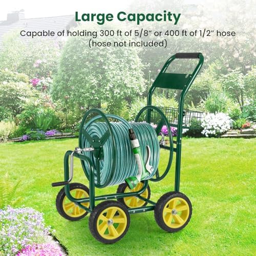 Goplus Garden Hose Reel Cart, 300 ft 5/8" or 400 ft 1/2", Heavy-Duty Metal Hose Cart w/ 4 Wheels, Storage Basket, Portable Water Hose Organizer for Yard Planting Lawn - Image 2