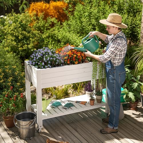 Large Elevated Raised Garden Bed with Legs,Outdoor Planter Box with Storage Shelf Drain Plug Water & Monitor for Backyard,Patio,Balcony(Ashen - Image 6