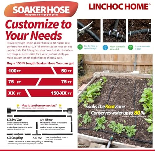 Soaker Hose 150FT 1/2 Inch with Solid Brass Connectors & Garden Stakes Kit, Flexible Leakproof Irrigation System for Garden, Lawn & Landscape - Image 3