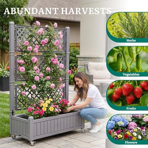 YITAHOME 43.3x17.7x61 in Planter Boxes Outdoor with Trellis, Resin Raised Garden Bed with Wheels & Drain Plug for Climbing Plants, Weather-Resistant Design Elevated Garden Bed with Trellis, Brown - Image 3