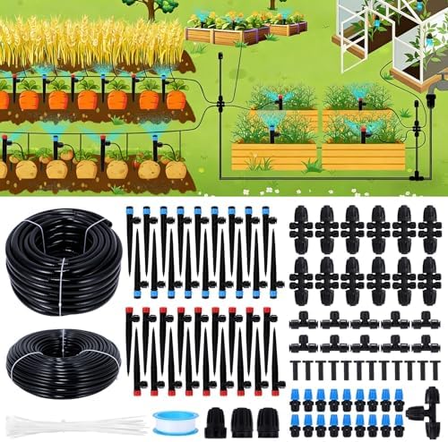300FT Drip Irrigation System Kit, Automatic Garden Watering Misting System with 70FT1/2 inch Hose 230FT 1/4 inch Distribution Tubing and Accessories for Garden Lawn Greenhouse Plant Flower Bed by Unknown