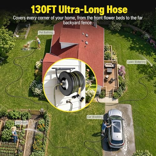 Heavy Duty Wall Mounted Garden Hose Reel, 130ft Rubber Hose 5ft Leader Hose - Image 5