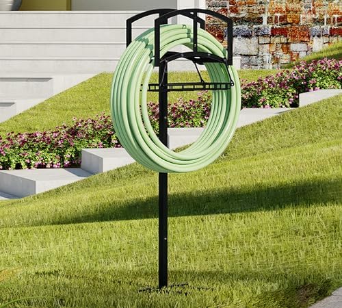 Garden Hose Holder with Storage Basket - Heavy-Duty Freestanding Hose Organizer, Black Powder-Coated, Detachable Design Holds 150FT Hose, Includes Assembly Tools for Lawn, Yard, and Garden - Image 4