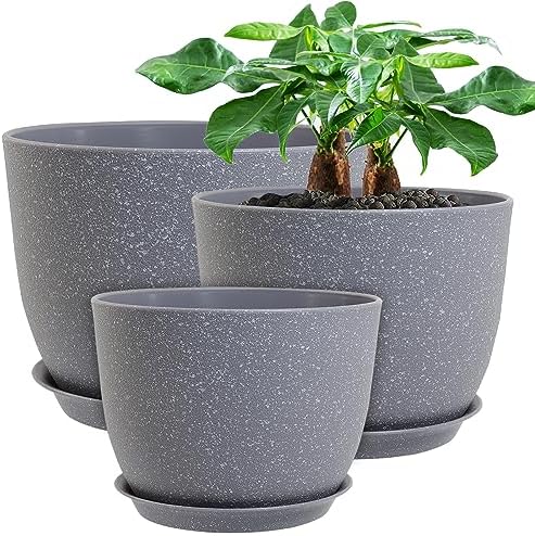 UOUZ 12/10/9 Large Modern Plant Pots, Plastic Planters with Drainage Holes and Saucers for Indoor Outdoor Plants Flowers, Grey Speckles by UOUZ