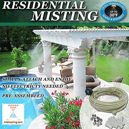 Pre- Assembled Misting System - Cools temperatures by up to 30 Degrees - Brass/Stainless Steel Misting Nozzles - for Patio, Pool and Play Areas (48 FT - 12 Nozzles) by Mistcooling
