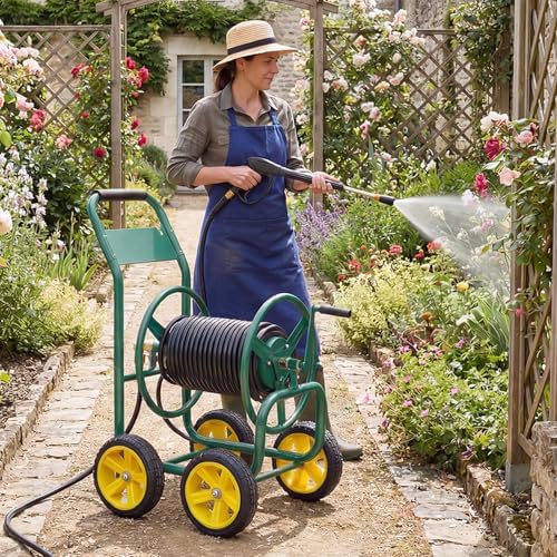 Goplus Garden Hose Reel Cart, 330ft 5/8" or 400ft 1/2" Large Capacity, Heavy-Duty Metal Hose Cart w/4 Wheels, Portable Water Hose Organizer for Outdoor Yard Planting Lawn - Image 3