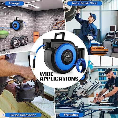 80FT + 6.5FT Retractable Air Hose Reel, Wall Mount Pneumatic Hose Reel for Garage Workshop, Automatic Rewind, 3/8" x 80' Hybrid Air Hose with Brass Fittings + Bend Restrictors, 300PSI - Image 2