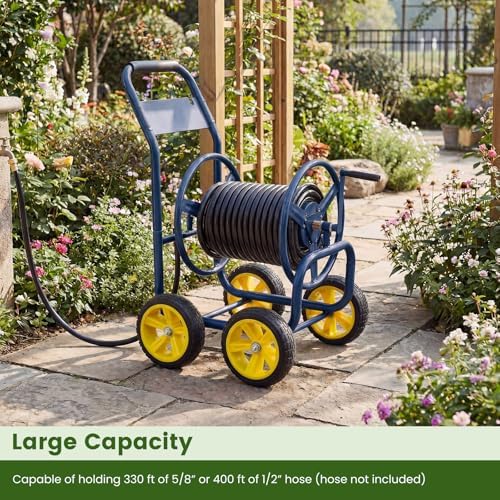 Goplus Garden Hose Reel Cart, 330ft 5/8" or 400ft 1/2" Large Capacity, Heavy-Duty Metal Hose Cart w/4 Wheels, Portable Water Hose Organizer for Outdoor Yard Planting Lawn - Image 3