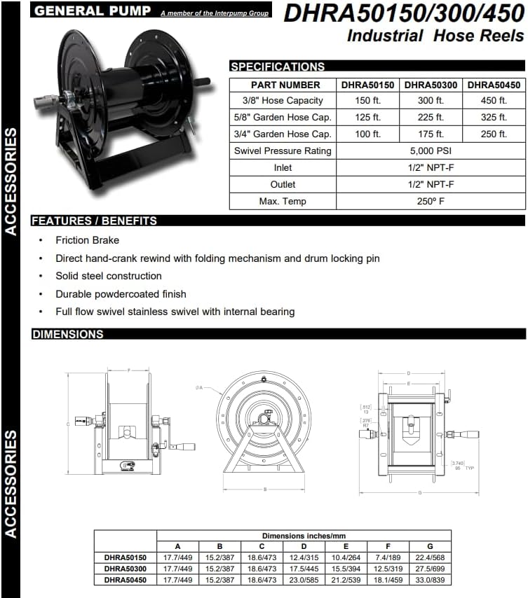 General Pump DHRA50450 3/8" x 450' Black Steel Hose Reel with Flat Sidewalls, A-frame, Pin Lock and Brake and Stainless Steel Swivel Inlet, 5000 Psi (450 Feet Capacity) - Image 2
