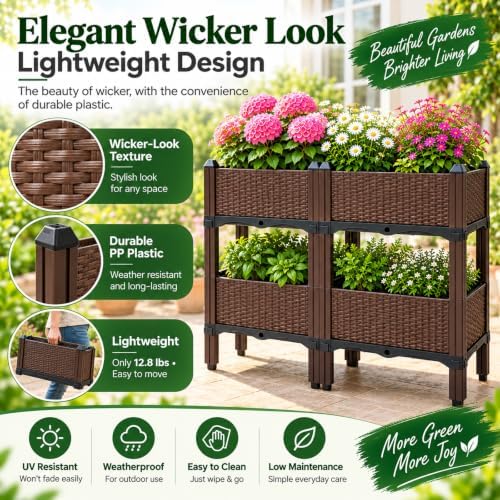 DYRABREST Set of 4 Raised Garden Bed Self-Watering Plastic Planter Box Stand with Legs, Sun and Frost Resistant Planter Outdoor Vegetable Growing Bed for Flower Herb Backyard, Patio, Balcony - Image 4