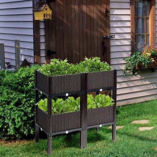 Giantex Raised Garden Bed, Set of 4 Planter Raised Beds Kits with Drain Holes for Fruit Flowers Vegetables, Outdoor Elevated Planting Box for Lawn Patio Balcony, Easy Assembly, Rattan-Like Look, Brown - Image 6