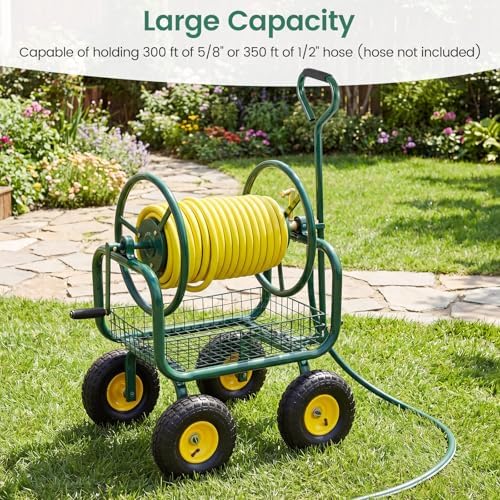 Goplus Garden Hose Reel Cart, 300ft 5/8" or 350ft of 1/2" Large Capacity, Heavy-Duty Metal Hose Cart w/4 Wheels, Storage Basket, Portable Water Hose Organizer for Outdoor Yard Planting Lawn - Image 2