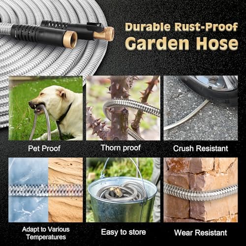 Metal Garden Hose 75FT Stainless Steel Heavy Duty Flexible Lightweight Water Hoses Pipe with 10-Function Spray Nozzle and 3/4" Solid Brass Fittings No Kink Durable for Outdoor Yard & Lawn - Image 4