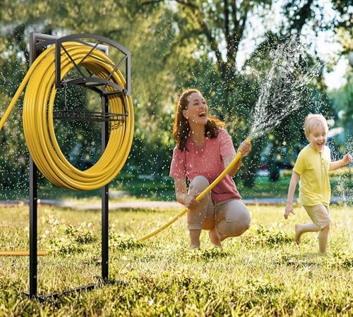 Fire Beauty Heavy-Duty Portable Garden Hose Holder with Storage Basket,80+ lbs Capacity, Modern Geometric Design, Holds 180ft 1/2" Hose,Dual Support Rods & Rustproof Screws - Image 2