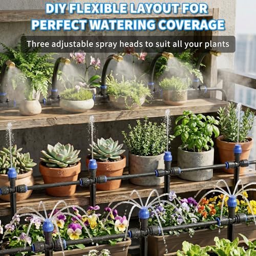 Drip Irrigation System 130FT with 10 Bendable Nozzles, 10 Misting Emitters, 10 8-Outlet Drip Emitters, 1/2 & 1/4 Inch Hoses – Garden Watering & Misting Kit for Yard, Lawn, Greenhouse - Image 2
