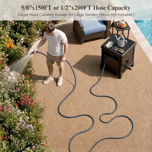 150FT Wicker Rattan Garden Hose Reel Hideaway Storage Deck Box, Metal Frame - Image 3