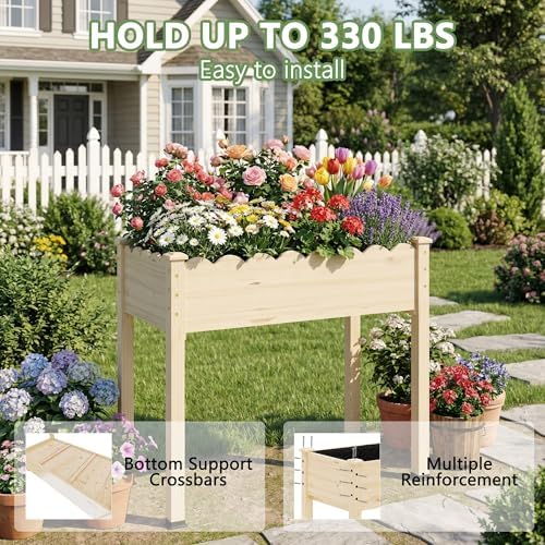 Raised Garden Bed with Legs, 34x18x30in Tall Wooden Elevated Planter Box with Liner for Flowers Vegetables Herbs, Wavy Profile Outdoor Raised Bed for Balcony/Patio/Backyard - Image 5
