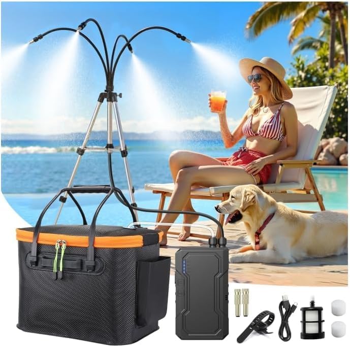Portable Misting System with Standing, 6000mAh Water Cooling Misters Set for Outside Patio - 20L Bucket, 4.9FT(59IN) Adjustable Height for Outdoor, Beach, Pool, Water Playing, Sprinkler, Camping by Ausic
