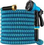 Expandable Garden Hose 100 ft with 10 Function Spray Nozzle, Flexible, Kink Free, Leak-Proof, Ultra Lightweight Retractable Stretch Water Hose 100ft for Yard, Lawn, Car Wash and Outdoor, Blue White by Unknown